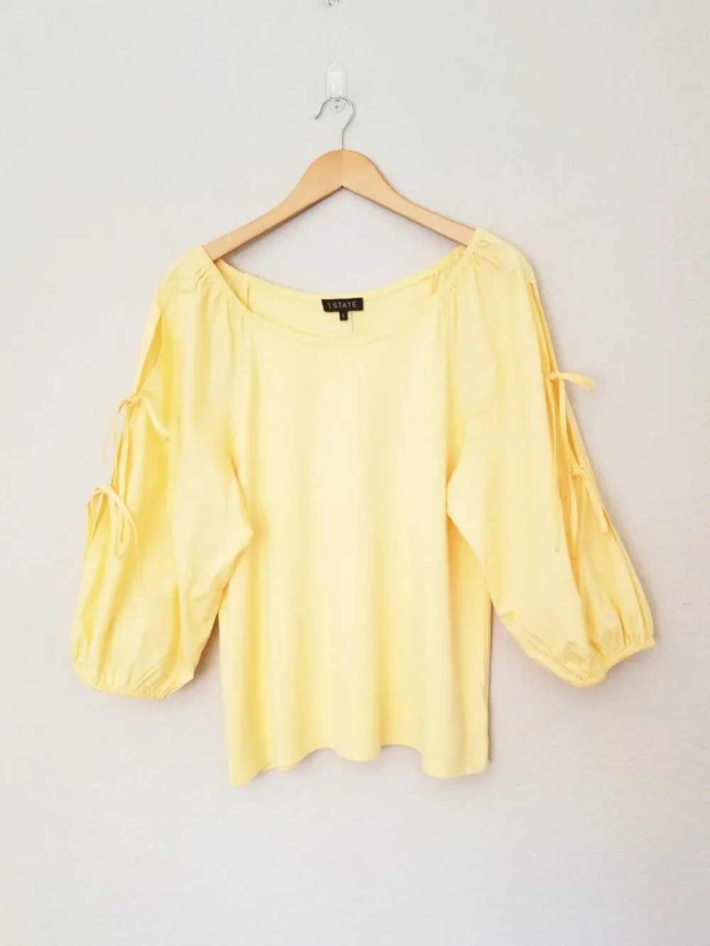 1. State Women' L Butter Yellow 3/4 Balloon Sleeve Tie Bow Blouse Top Coquette - Picture 14 of 14